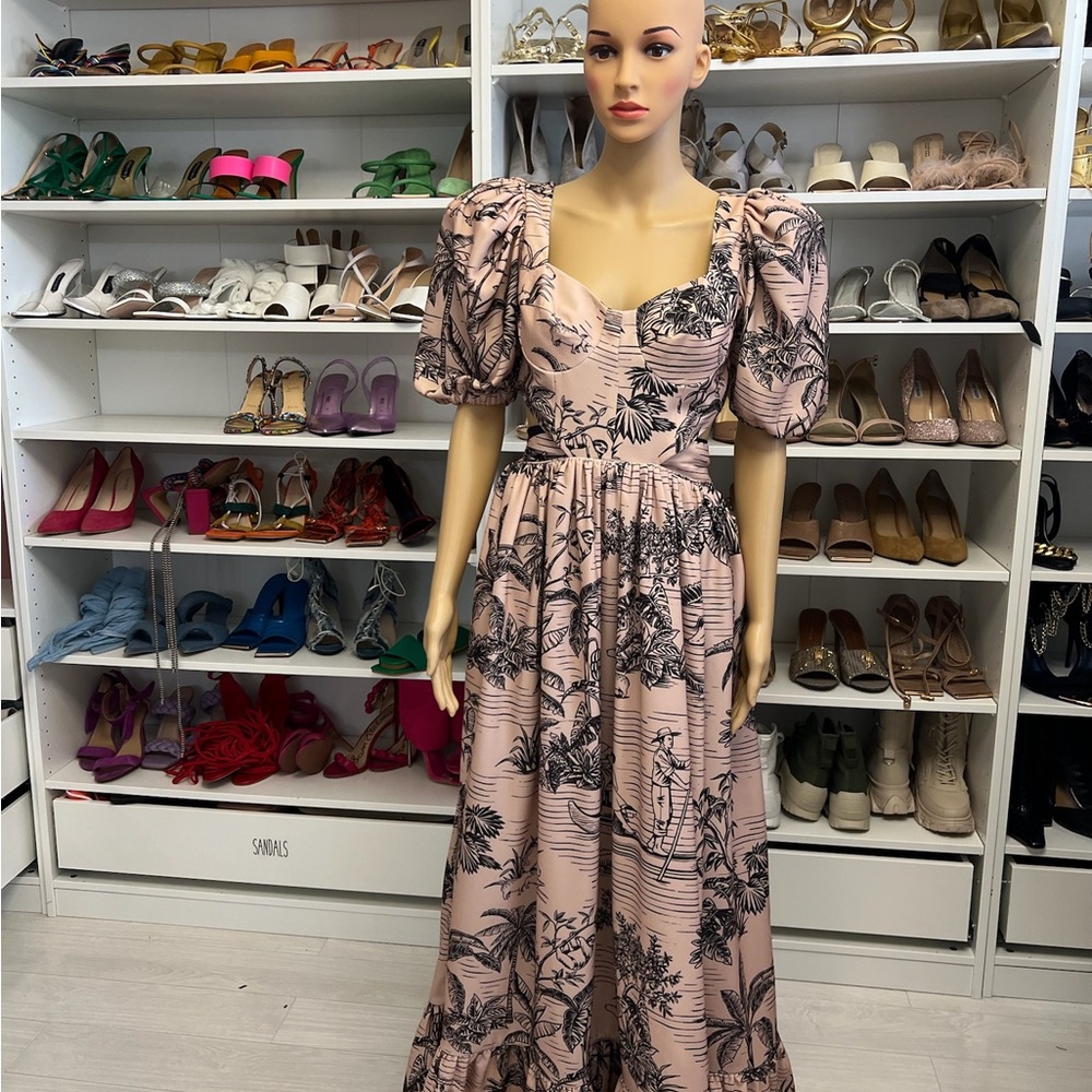 Steven Valencia Puff Sleeve Maxi Tropical Printed Dress